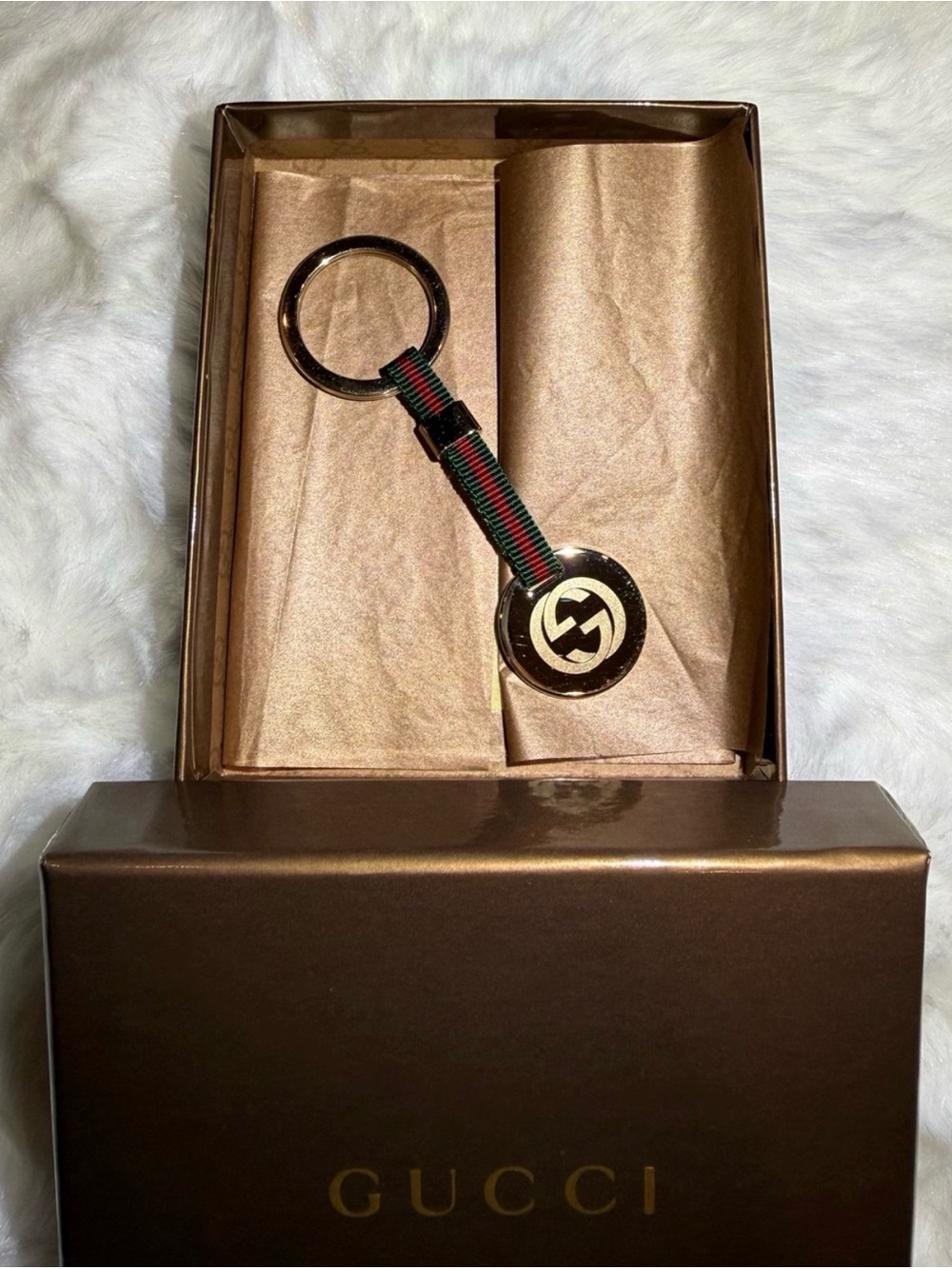 Gucci Gold Tone Logo Keyring with Green and Red Web Strap